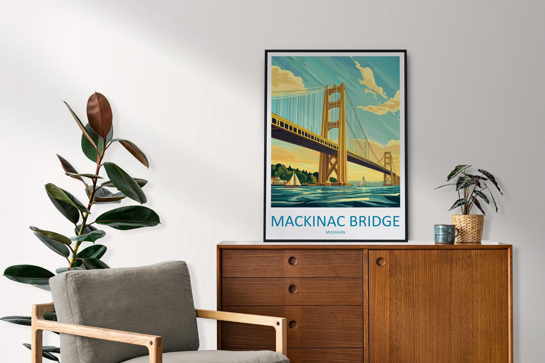 Mackinac Bridge Travel Print Mackinac Bridge Wall Decor Michigan Mackinac Art Mackinac Bridge Wall Art Great Lakes Poster Gift Bridge Lake