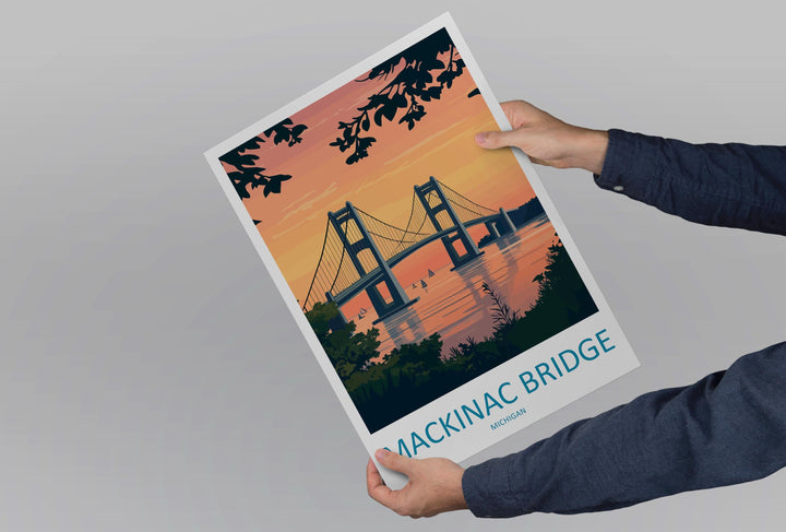 Mackinac Bridge Travel Print Mackinac Bridge Wall Decor Michigan Mackinac Art Mackinac Bridge Wall Art Great Lakes Poster Gift Bridge Lake