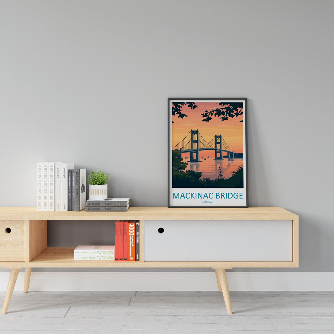 Mackinac Bridge Travel Print Mackinac Bridge Wall Decor Michigan Mackinac Art Mackinac Bridge Wall Art Great Lakes Poster Gift Bridge Lake