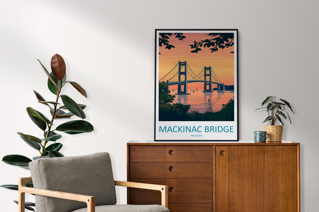 Mackinac Bridge Travel Print Mackinac Bridge Wall Decor Michigan Mackinac Art Mackinac Bridge Wall Art Great Lakes Poster Gift Bridge Lake