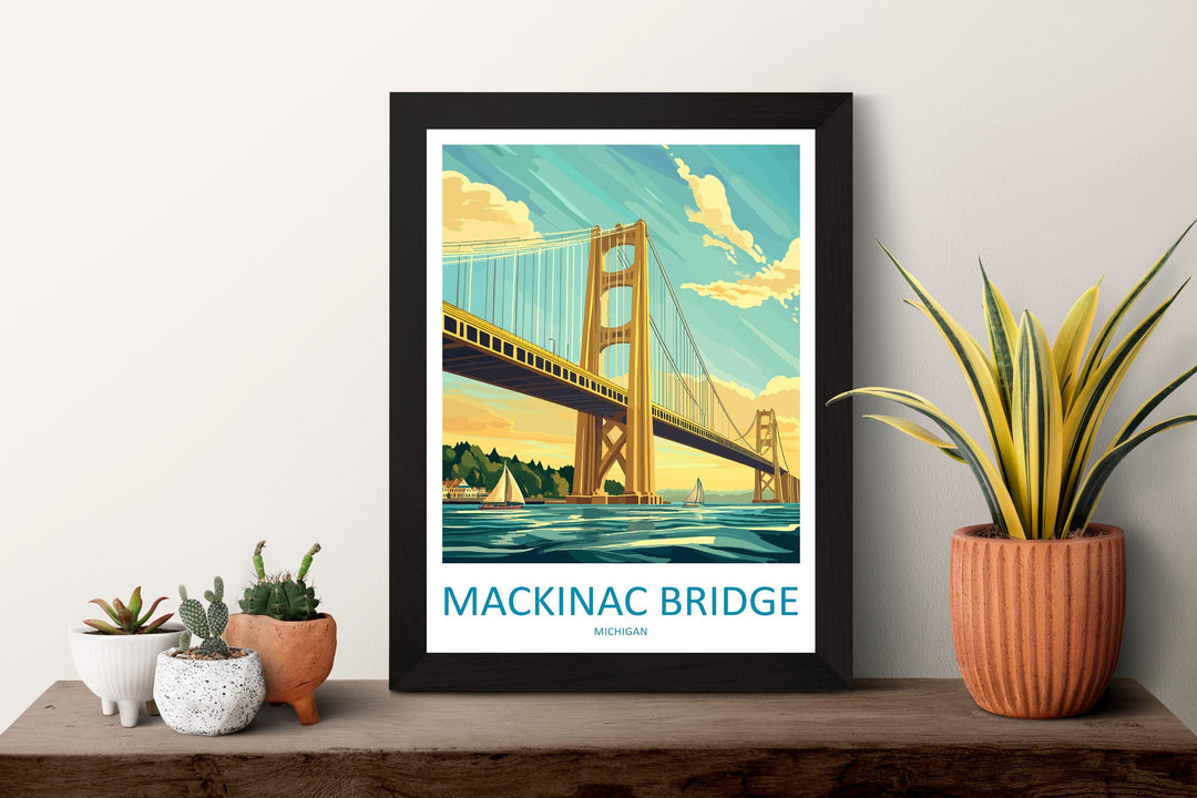 Mackinac Bridge Travel Print Mackinac Bridge Wall Decor Michigan Mackinac Art Mackinac Bridge Wall Art Great Lakes Poster Gift Bridge Lake
