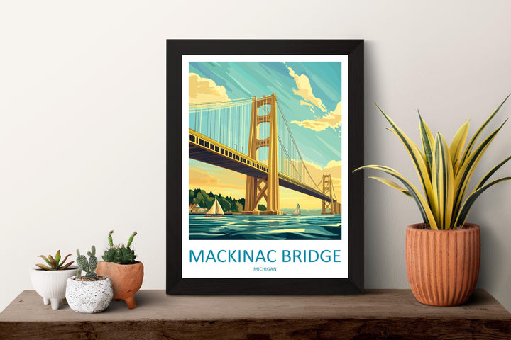 Mackinac Bridge Travel Print Mackinac Bridge Wall Decor Michigan Mackinac Art Mackinac Bridge Wall Art Great Lakes Poster Gift Bridge Lake