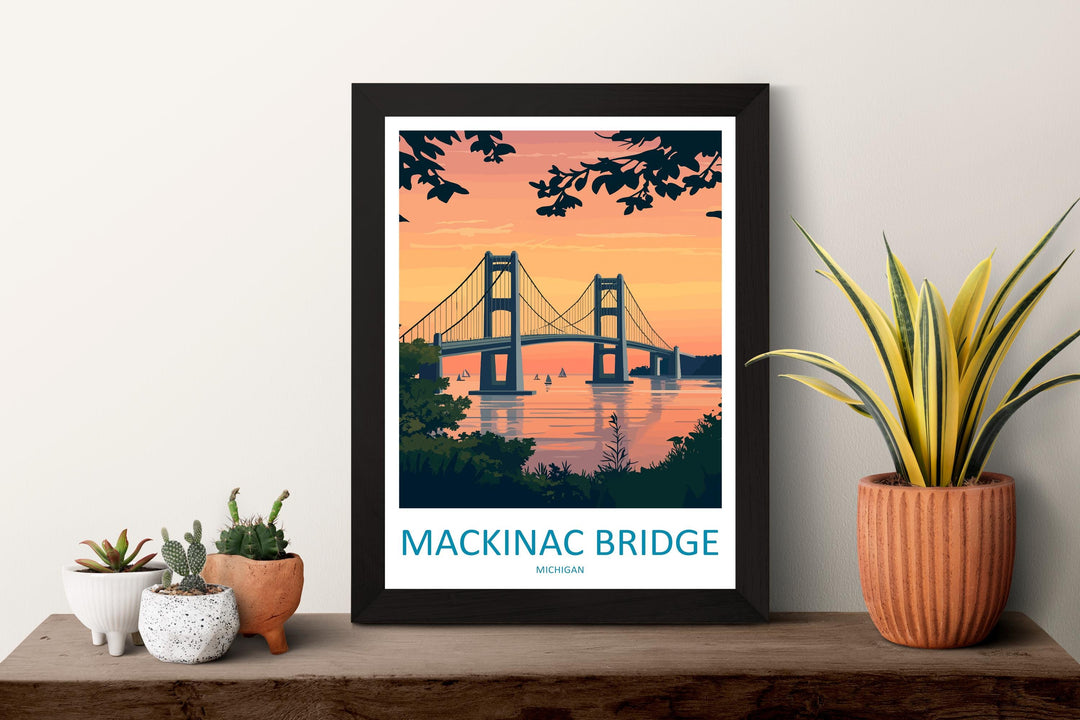 Mackinac Bridge Travel Print Mackinac Bridge Wall Decor Michigan Mackinac Art Mackinac Bridge Wall Art Great Lakes Poster Gift Bridge Lake