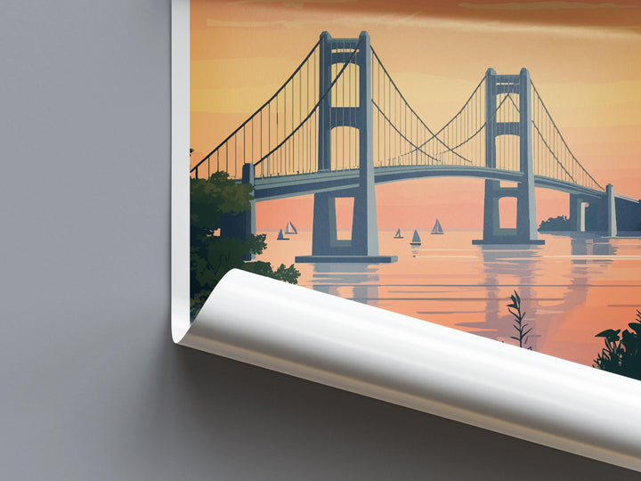 Mackinac Bridge Travel Print Mackinac Bridge Wall Decor Michigan Mackinac Art Mackinac Bridge Wall Art Great Lakes Poster Gift Bridge Lake