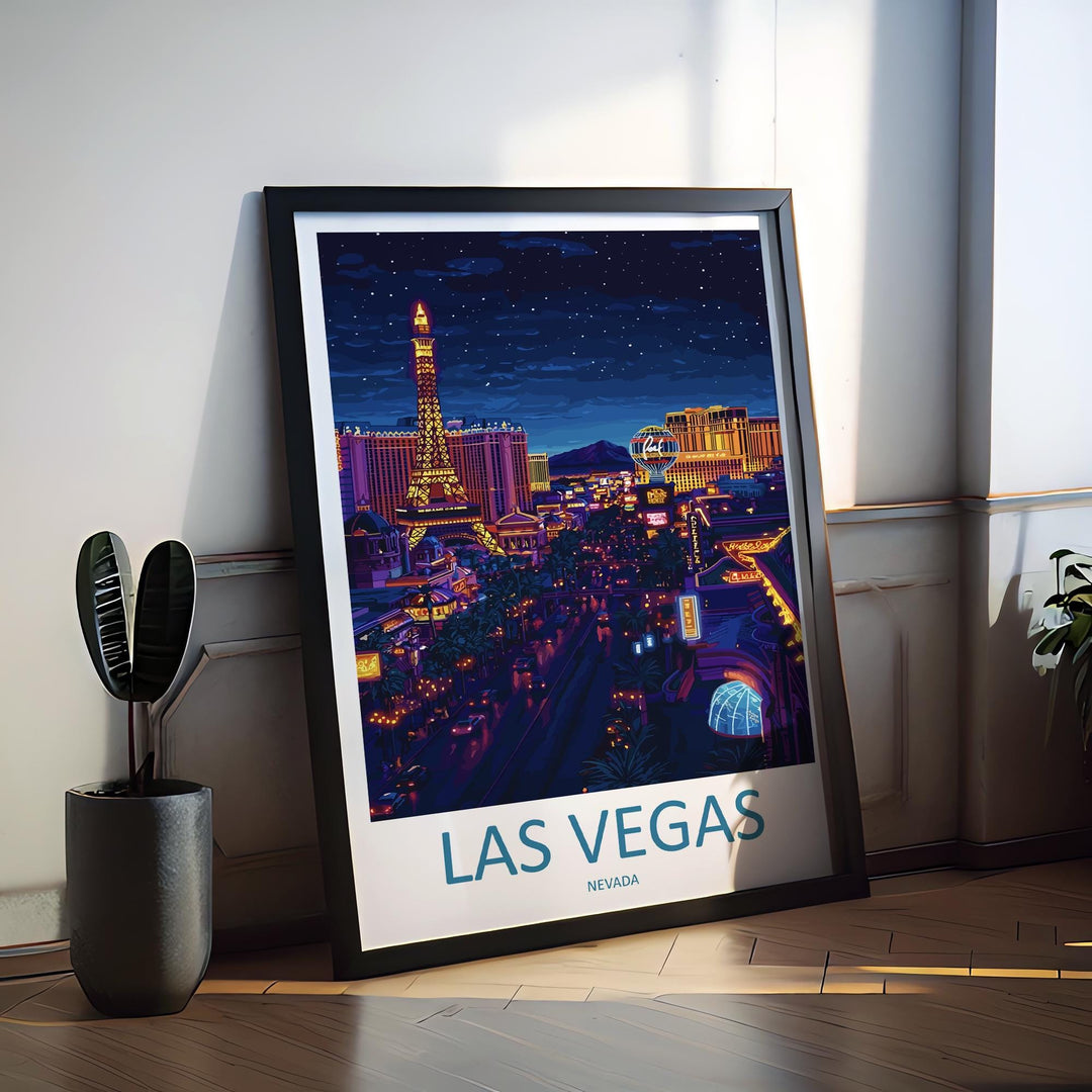 Las Vegas Travel Print Nevada Wall Art Vegas City Poster Neon Decor Gift for Entertainment Lover Desert Skyline Art Print