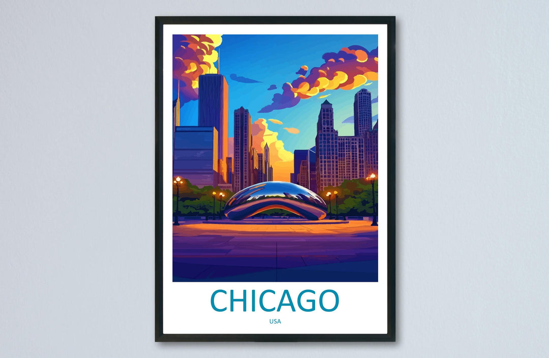 Chicago Travel Print USA Wall Art City Skyline Poster Urban Decor Gift for Architecture Lover Lake Michigan Landscape Art