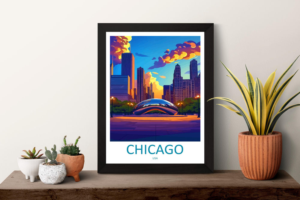 Chicago Travel Print USA Wall Art City Skyline Poster Urban Decor Gift for Architecture Lover Lake Michigan Landscape Art