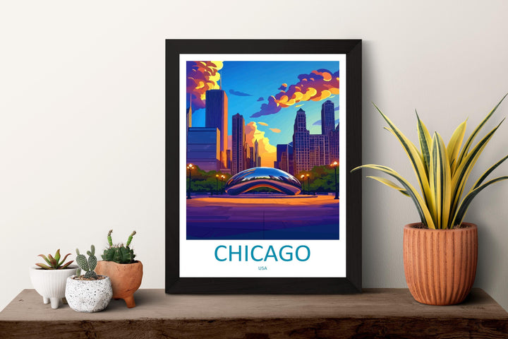 Chicago Travel Print USA Wall Art City Skyline Poster Urban Decor Gift for Architecture Lover Lake Michigan Landscape Art