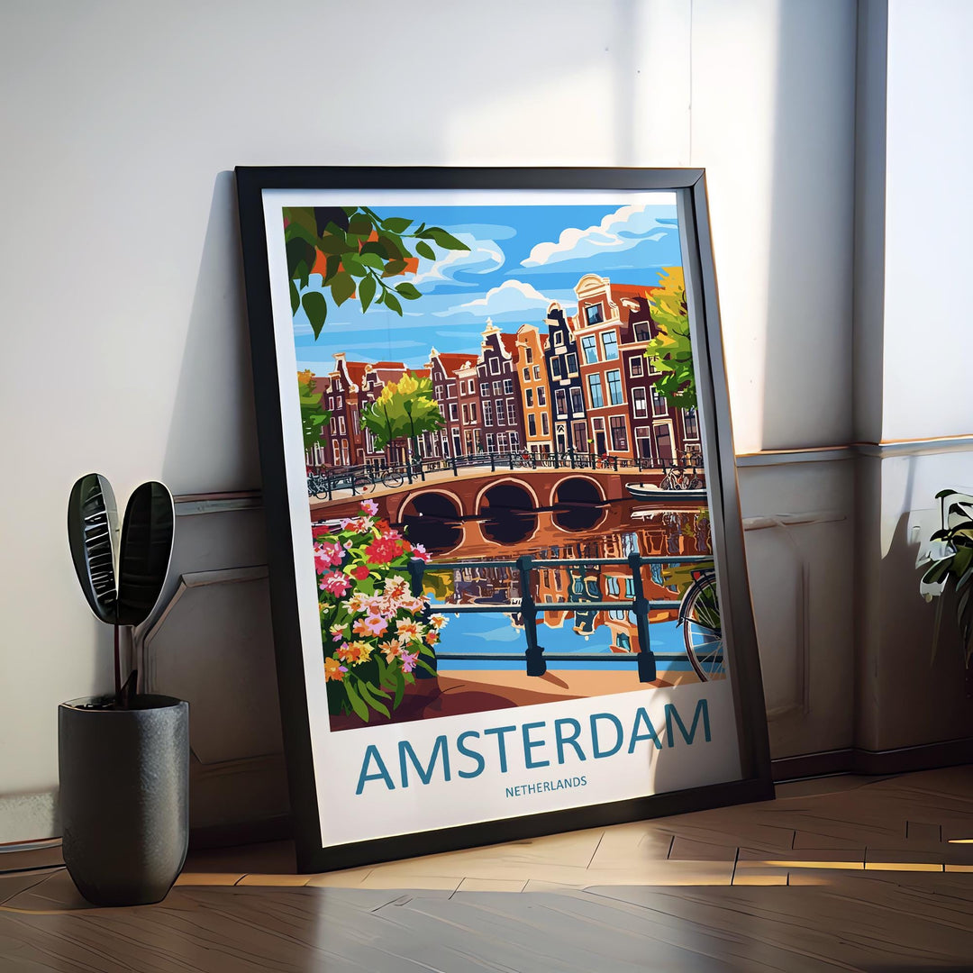 Amsterdam Travel Print Netherlands Wall Art Cityscape Poster Canal Decor Gift for Europe Lover Dutch Architecture Art Print