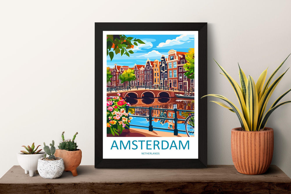Amsterdam Travel Print Netherlands Wall Art Cityscape Poster Canal Decor Gift for Europe Lover Dutch Architecture Art Print