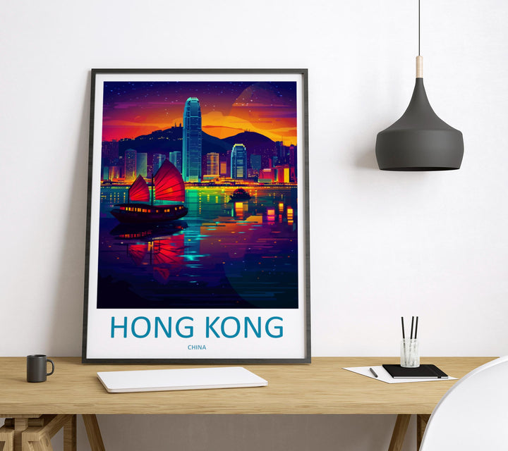 Hong Kong Travel Print Asia Wall Art City Skyline Poster Urban Decor Gift for City Lover Victoria Harbour Nightscape Art Print