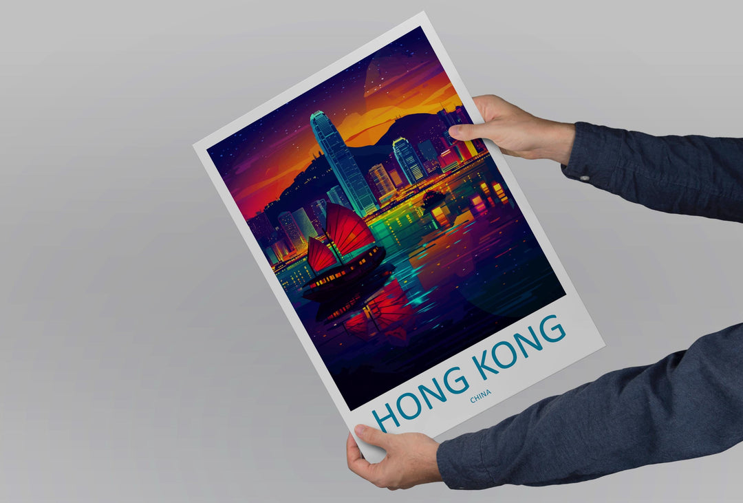 Hong Kong Travel Print Asia Wall Art City Skyline Poster Urban Decor Gift for City Lover Victoria Harbour Nightscape Art Print