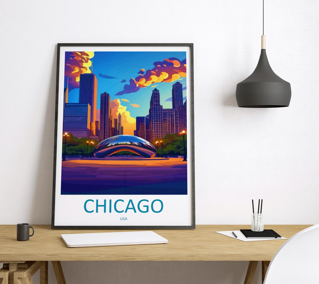 Chicago Travel Print USA Wall Art City Skyline Poster Urban Decor Gift for Architecture Lover Lake Michigan Landscape Art