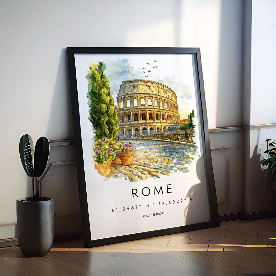 Rome Watercolor Poster Rome Travel Print Rome Wall Art Rome Cityscape Painting Rome Souvenir Italy Decor Roman Architecture
