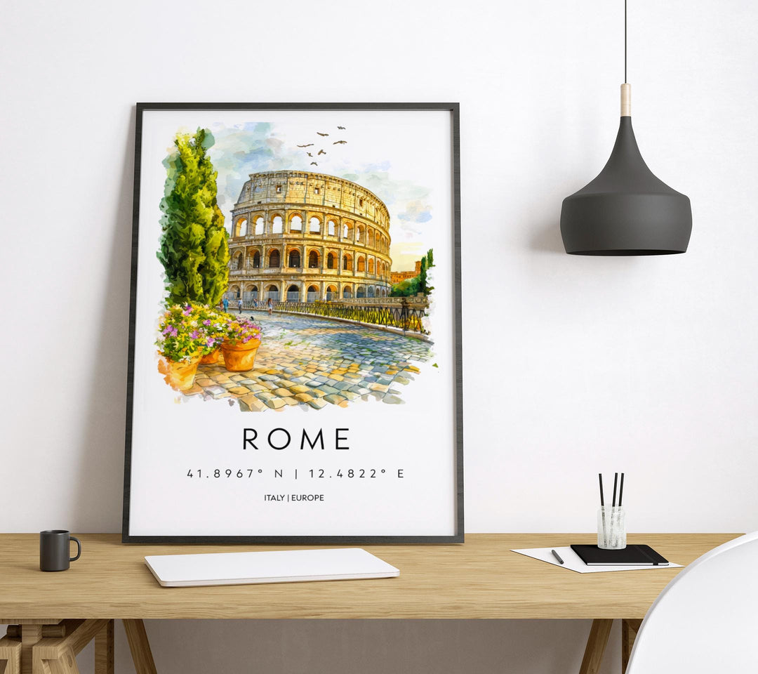 Rome Watercolor Poster Rome Travel Print Rome Wall Art Rome Cityscape Painting Rome Souvenir Italy Decor Roman Architecture