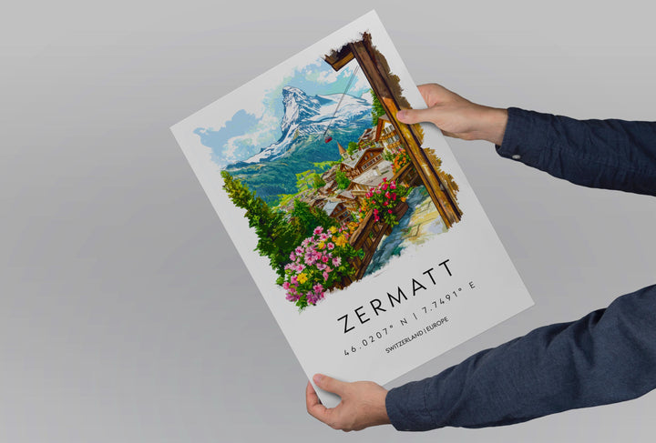 Zermatt Watercolor Poster Zermatt Travel Print Zermatt Wall Art Zermatt Mountain Painting Zermatt Souvenir Swiss Alps Decor