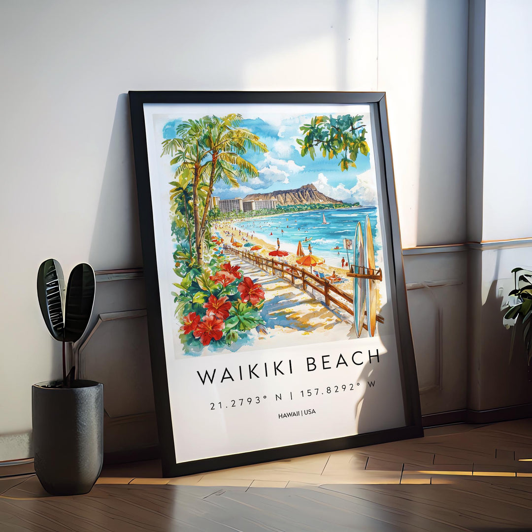 Waikiki Beach Watercolor Poster Waikiki Beach Travel Print Waikiki Beach Wall Art Waikiki Beach Painting Hawaii Souvenir Decor