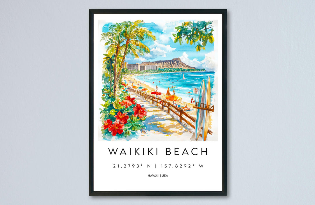 Waikiki Beach Watercolor Poster Waikiki Beach Travel Print Waikiki Beach Wall Art Waikiki Beach Painting Hawaii Souvenir Decor