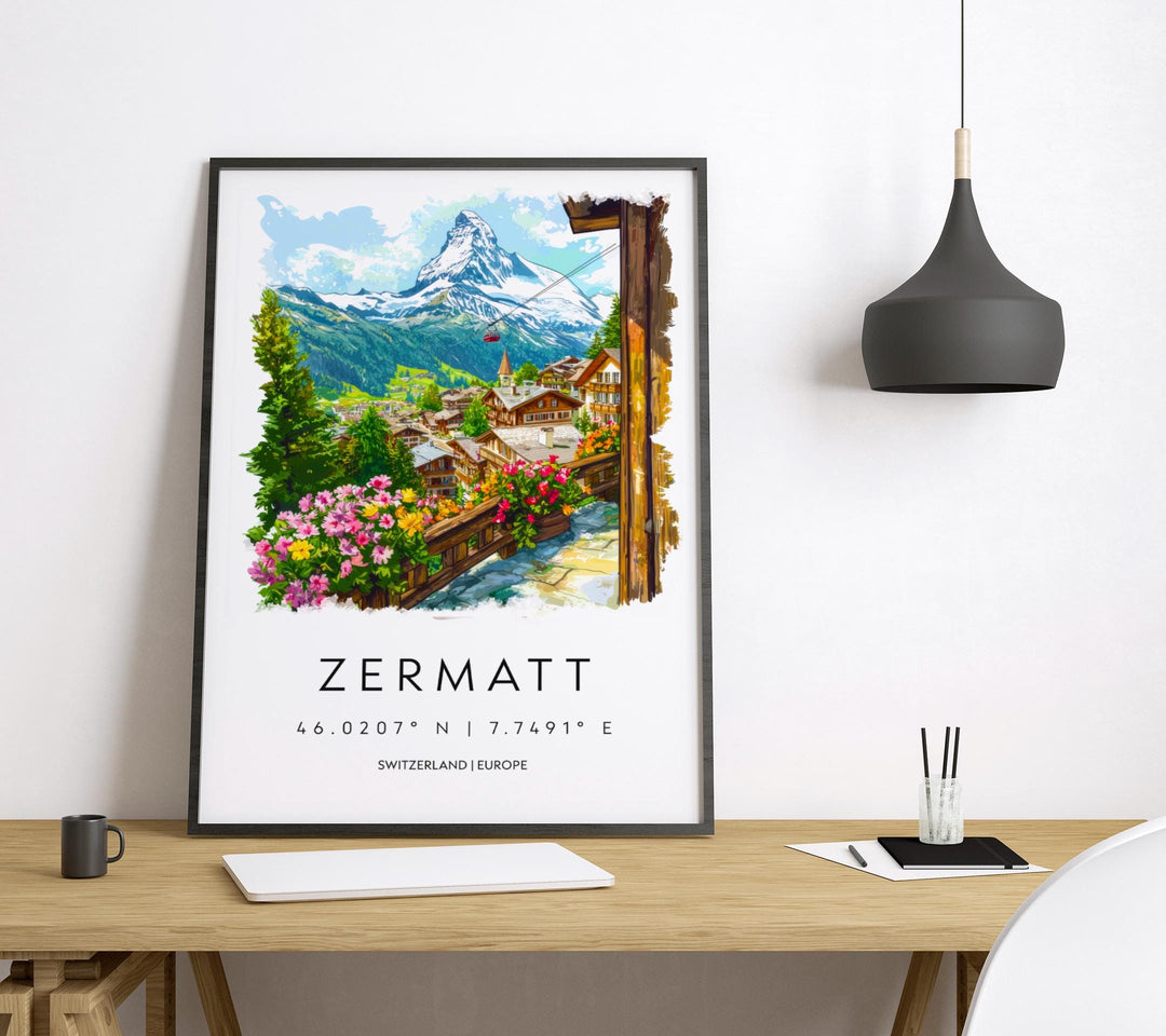 Zermatt Watercolor Poster Zermatt Travel Print Zermatt Wall Art Zermatt Mountain Painting Zermatt Souvenir Swiss Alps Decor