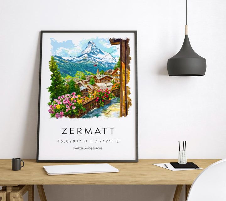 Zermatt Watercolor Poster Zermatt Travel Print Zermatt Wall Art Zermatt Mountain Painting Zermatt Souvenir Swiss Alps Decor