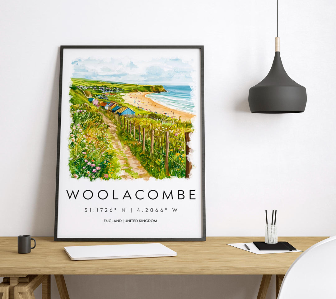 Woolacombe Watercolor Poster Woolacombe Travel Print Woolacombe Wall Art Woolacombe Beach Painting Woolacombe Souvenir UK Decor