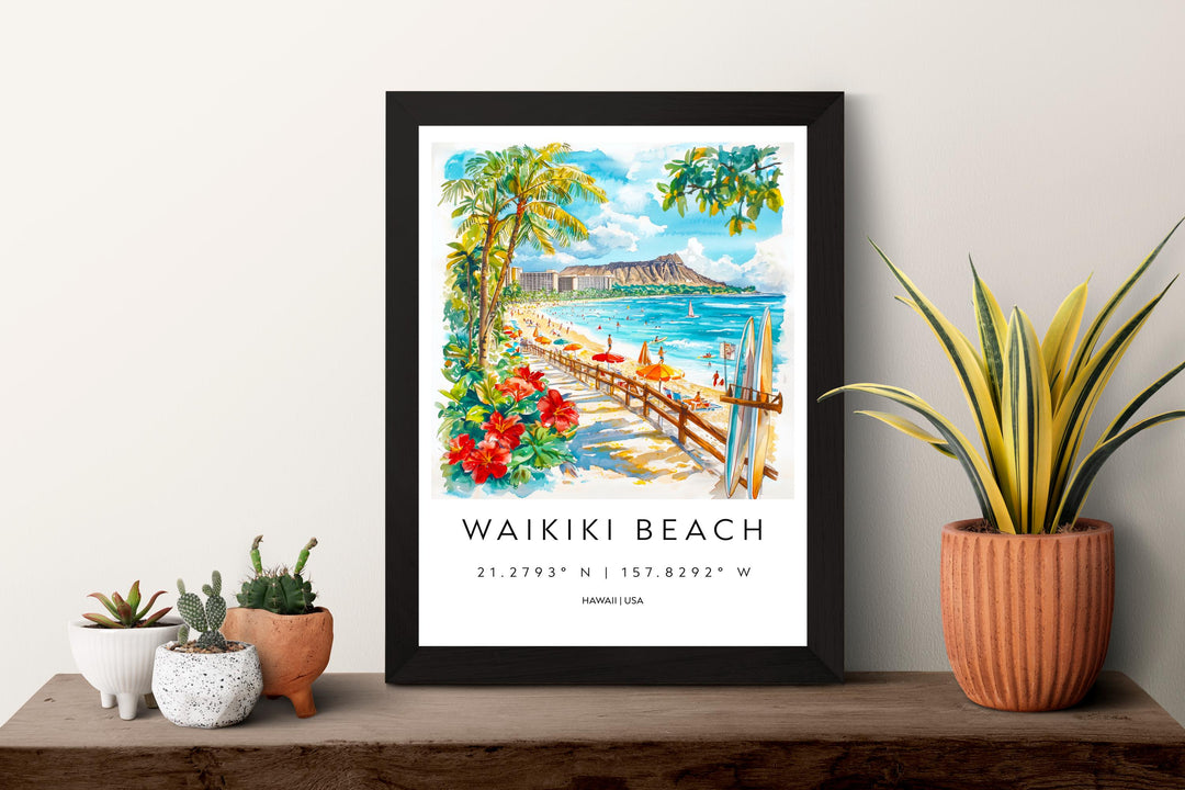 Waikiki Beach Watercolor Poster Waikiki Beach Travel Print Waikiki Beach Wall Art Waikiki Beach Painting Hawaii Souvenir Decor