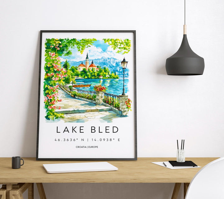 Lake Bled Watercolor Poster Lake Bled Travel Print Lake Bled Wall Art Lake Bled Landscape Painting Lake Bled Souvenir Slovenia Decor