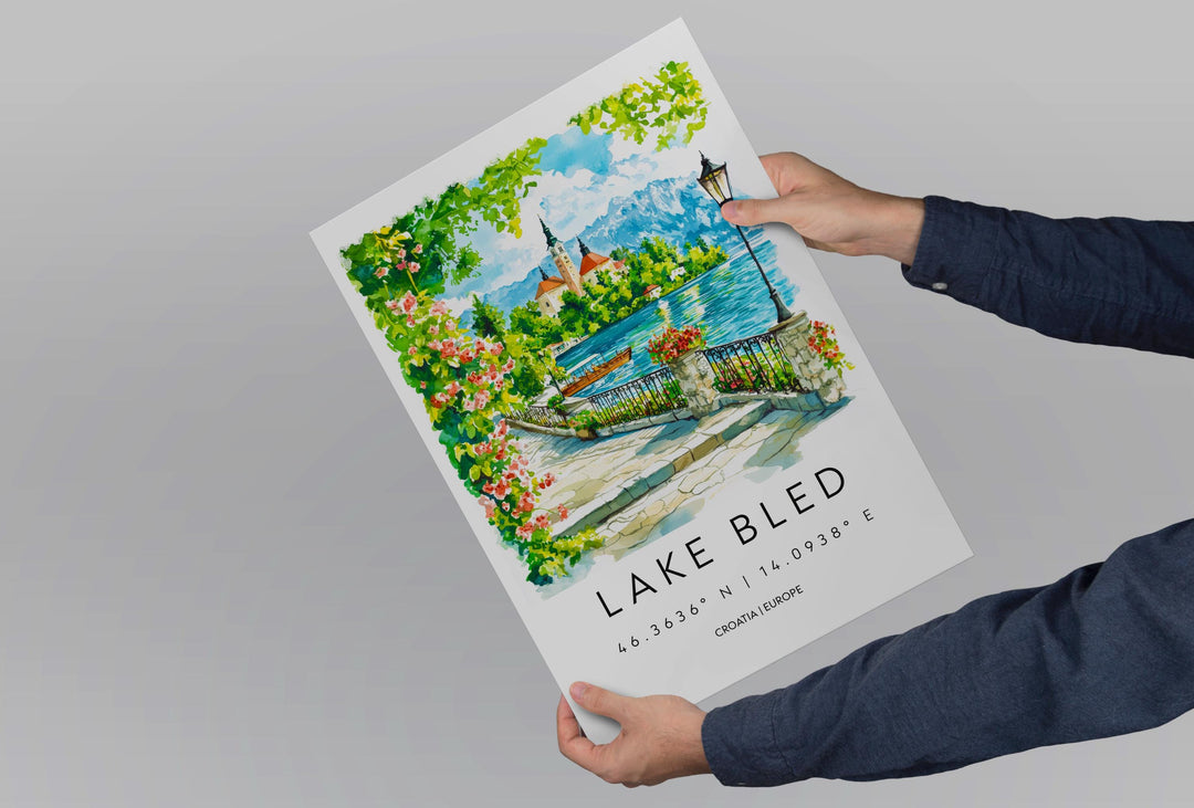 Lake Bled Watercolor Poster Lake Bled Travel Print Lake Bled Wall Art Lake Bled Landscape Painting Lake Bled Souvenir Slovenia Decor