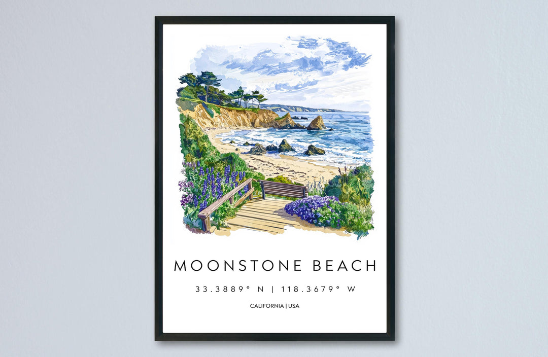 Moonstone Beach Watercolor Poster Moonstone Travel Print California Coast Art Ocean Painting Moonstone Decor
