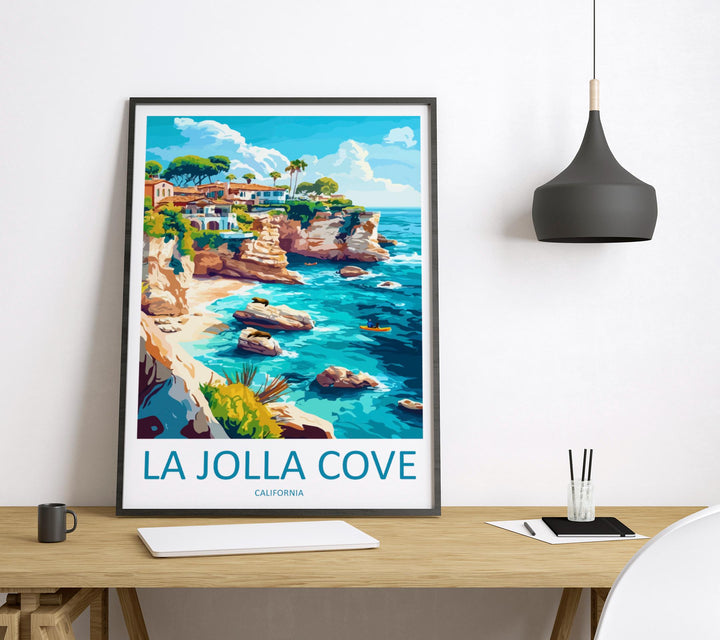 La Jolla Cove Travel Poster California Wall Art Coastal View Print Ocean Cliff Illustration San Diego Decor La Jolla Gift Souvenir