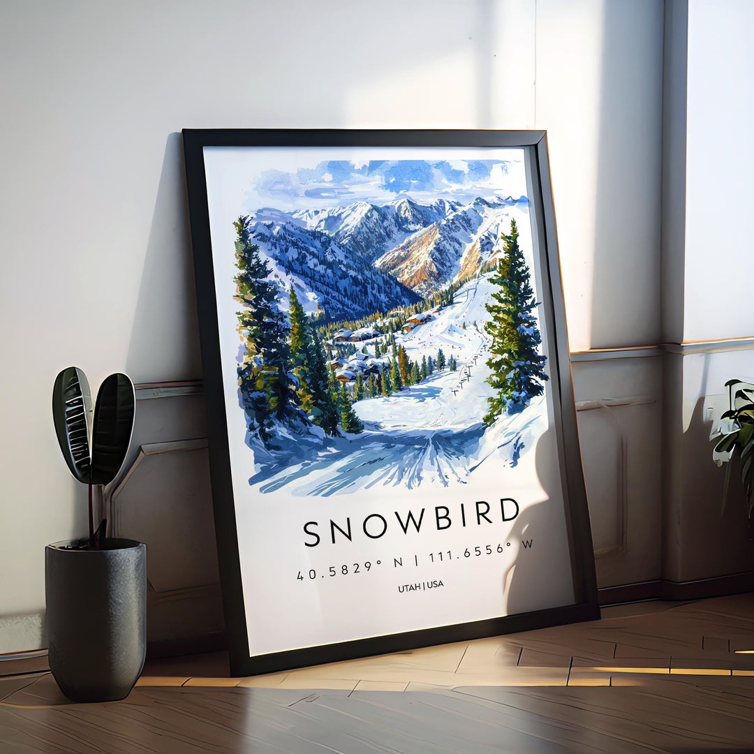 Snowbird Watercolor Poster Snowbird Travel Print Snowbird Wall Art Snowbird Ski Resort Painting Utah Mountain Decor