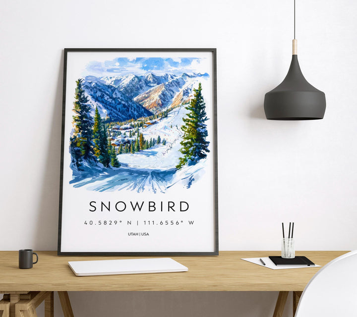 Snowbird Watercolor Poster Snowbird Travel Print Snowbird Wall Art Snowbird Ski Resort Painting Utah Mountain Decor