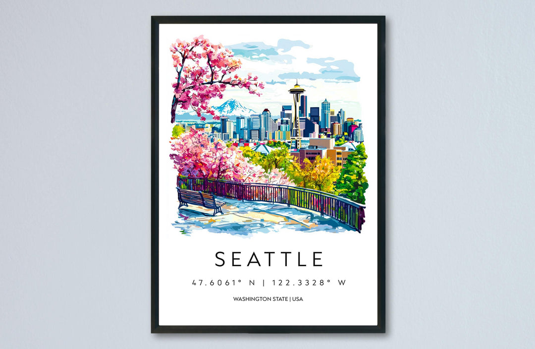 Seattle Watercolor Poster Seattle Travel Print Seattle Wall Art Seattle Cityscape Painting Seattle Souvenir USA Decor