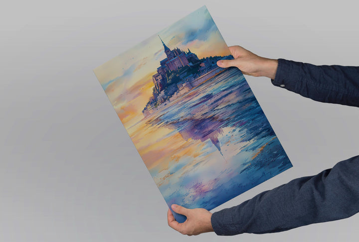 Mont Saint Michel Watercolor Poster Travel Print France Wall Art Mont Saint Michel Decor Tidal Island Scene Historic Architecture Print