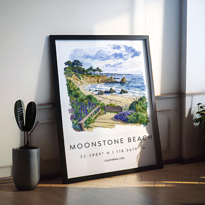 Moonstone Beach Watercolor Poster Moonstone Travel Print California Coast Art Ocean Painting Moonstone Decor