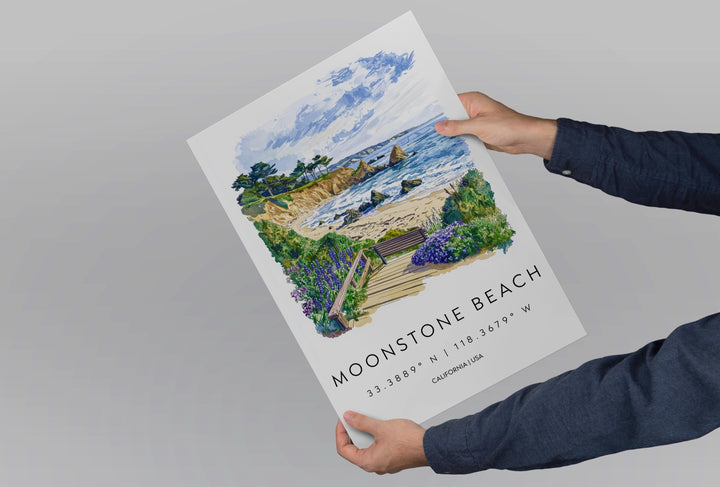 Moonstone Beach Watercolor Poster Moonstone Travel Print California Coast Art Ocean Painting Moonstone Decor