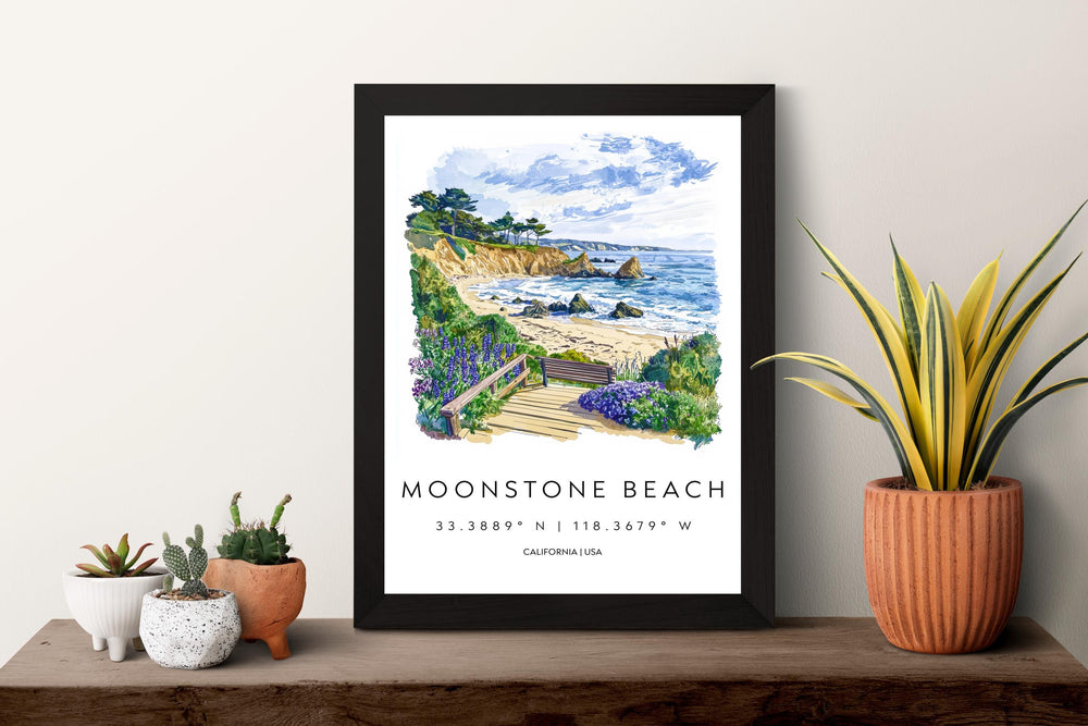 Moonstone Beach Watercolor Poster Moonstone Travel Print California Coast Art Ocean Painting Moonstone Decor