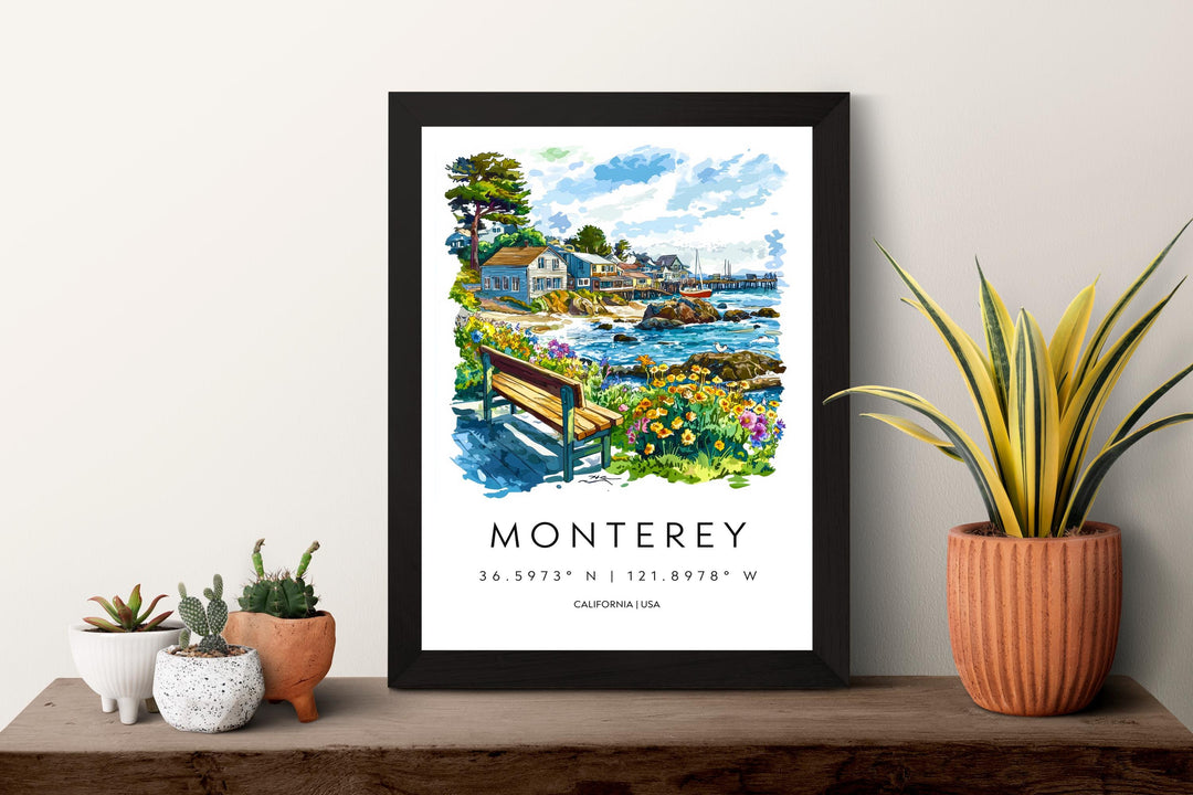 Monterey Watercolor Poster Monterey Travel Print California Coast Art Ocean Painting Monterey Bay Souvenir Decor