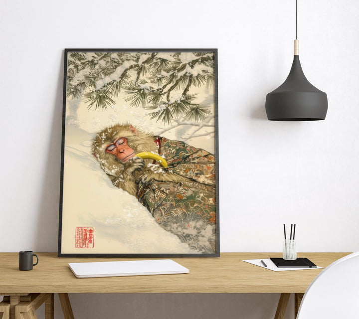 Monkey Sleeping With Banana Woodblock Print Ukiyo-e Style Japanese Animal Art Zen Monkey Wall Decor Japanese Inspired Banana Lover Gift