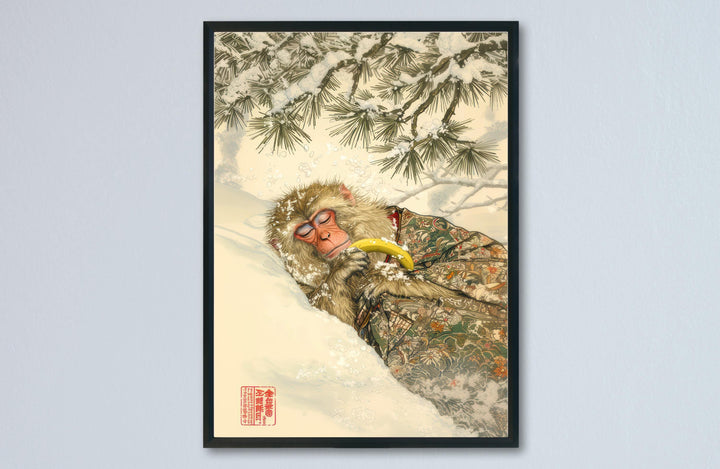 Monkey Sleeping With Banana Woodblock Print Ukiyo-e Style Japanese Animal Art Zen Monkey Wall Decor Japanese Inspired Banana Lover Gift