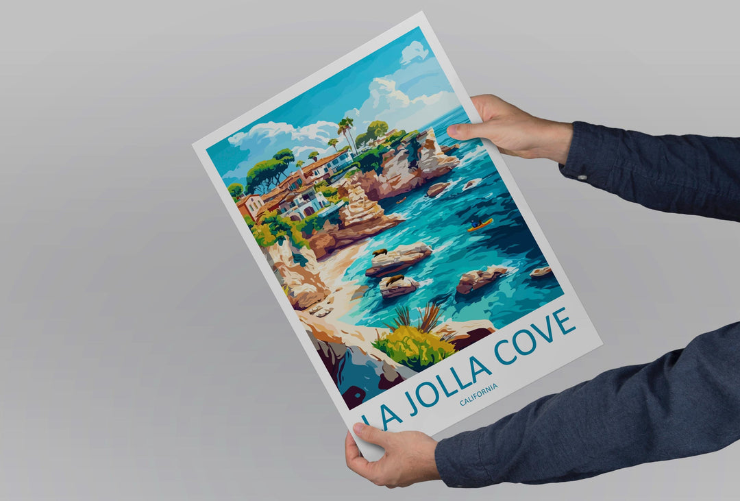 La Jolla Cove Travel Poster California Wall Art Coastal View Print Ocean Cliff Illustration San Diego Decor La Jolla Gift Souvenir