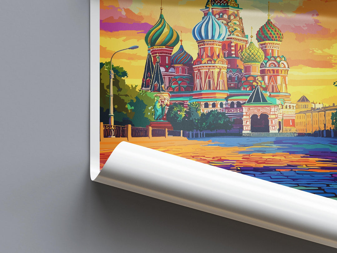 Moscow Travel Poster Russia Wall Art Cityscape Print Red Square View Illustration Saint Basil’s Decor Moscow Gift Souvenir Scene
