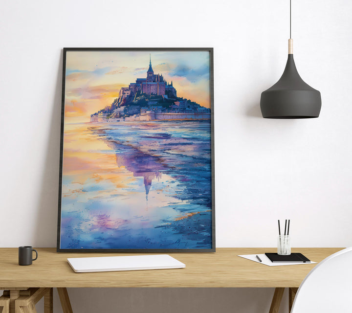 Mont Saint Michel Watercolor Poster Travel Print France Wall Art Mont Saint Michel Decor Tidal Island Scene Historic Architecture Print