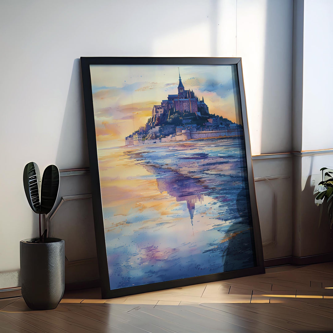 Mont Saint Michel Watercolor Poster Travel Print France Wall Art Mont Saint Michel Decor Tidal Island Scene Historic Architecture Print