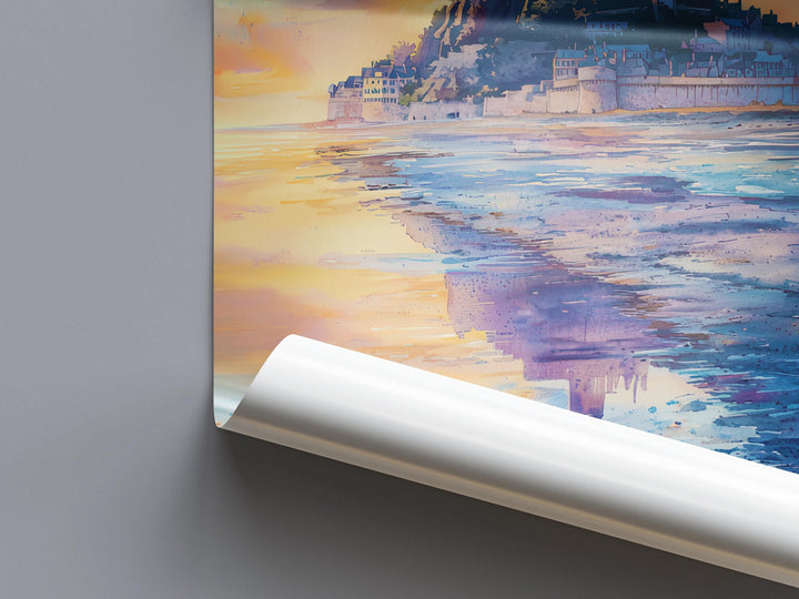Mont Saint Michel Watercolor Poster Travel Print France Wall Art Mont Saint Michel Decor Tidal Island Scene Historic Architecture Print