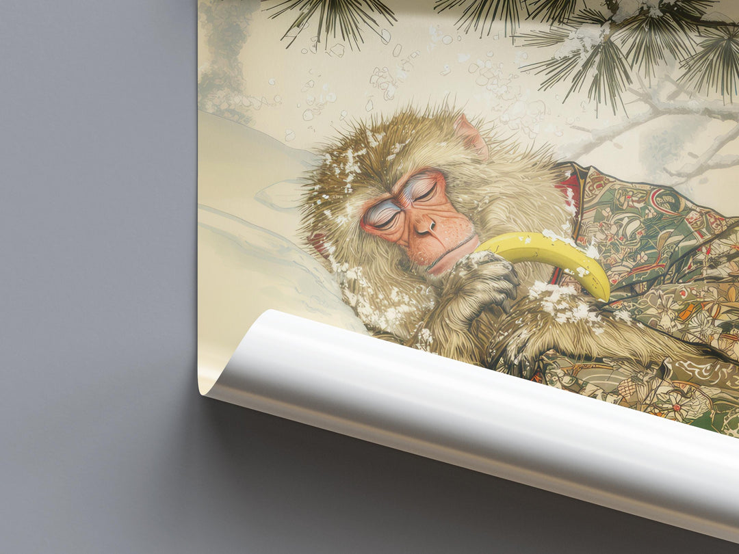 Monkey Sleeping With Banana Woodblock Print Ukiyo-e Style Japanese Animal Art Zen Monkey Wall Decor Japanese Inspired Banana Lover Gift