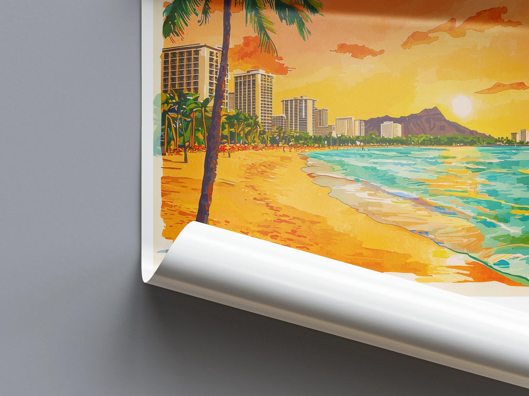 Waikiki Beach Watercolor Poster Wall Art Waikiki Beach Wall Hanging Home Décor Waikiki Beach Gift Art Lovers United States Wall Art
