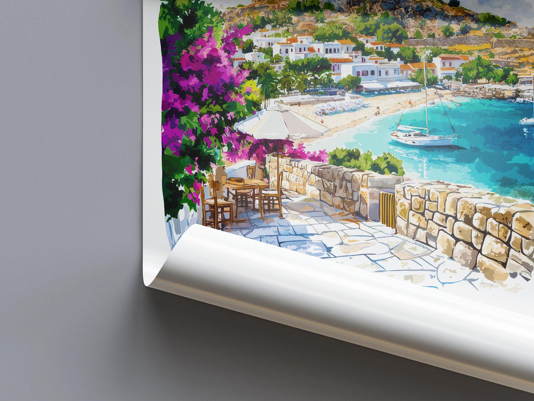 Lindos Watercolor Poster Wall Art Lindos Wall Hanging Home Décor Lindos Gift Art Lovers Greece Wall Art