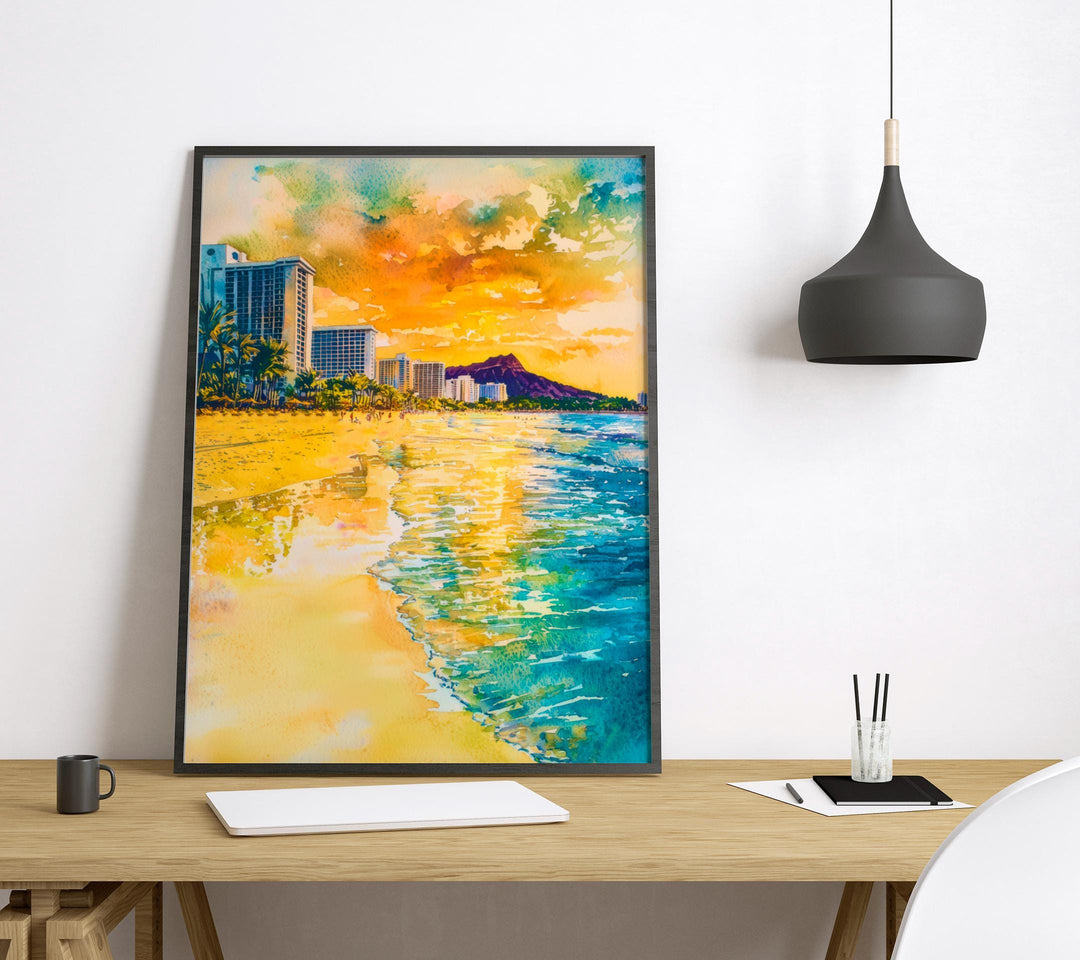 Waikiki Beach Watercolor Poster Wall Art Waikiki Beach Wall Hanging Home Décor Waikiki Beach Gift Art Lovers United States Wall Art