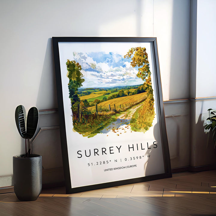 Surrey Hills Watercolor Poster Wall Art Surrey Hills Wall Hanging Home Décor Surrey Hills Gift Art Lovers United Kingdom Wall Art